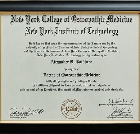 Doctor of Osteopathic Medicine diploma from NYIT.