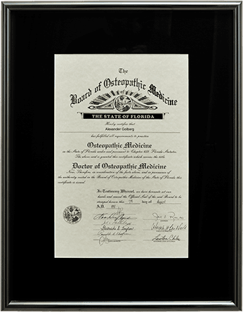 Florida Doctor of Osteopathic Medicine diploma certificate