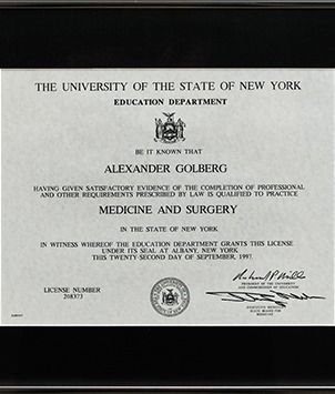 New York medical license certificate for Alexander Golberg.