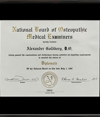 Osteopathic medical diploma for Alexander Goldberg, D.O.