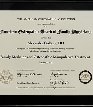 Osteopathic certification for Alexander Golberg, DO.